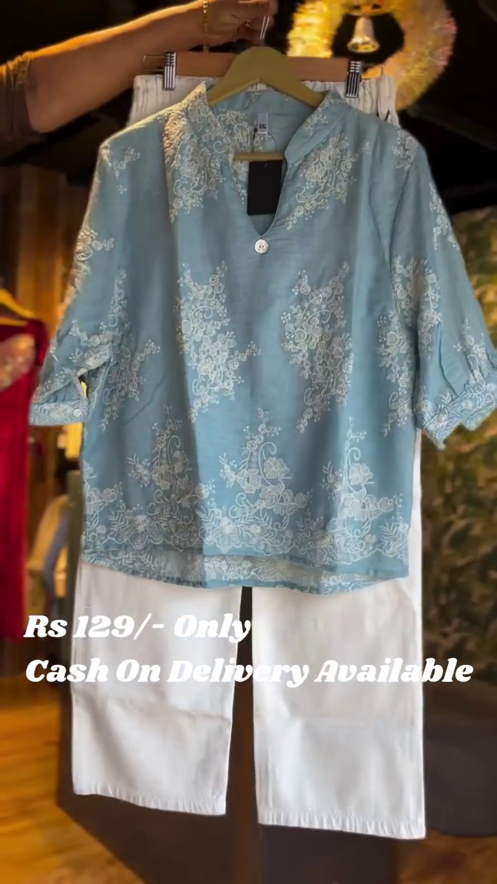 🌸 SkyBloom Pastel Blue Embroidered Kurta Pant Set 🌸