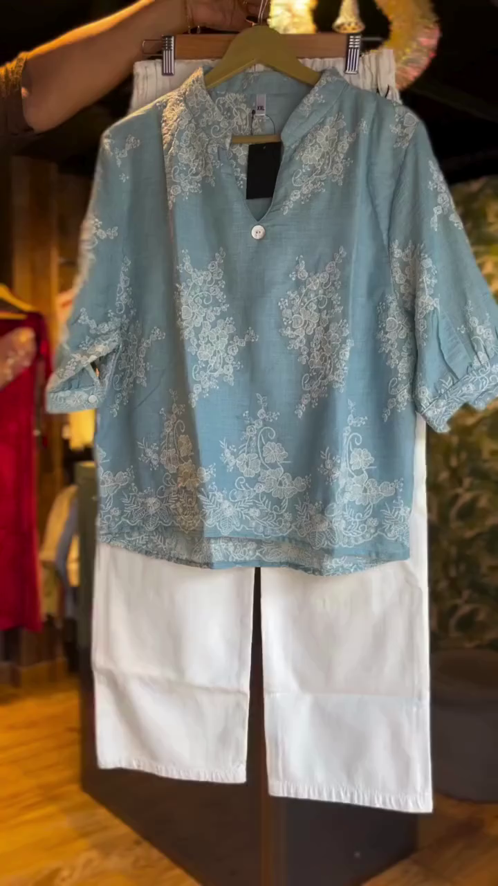 🌸 SkyBloom Pastel Blue Embroidered Kurta Pant Set 🌸