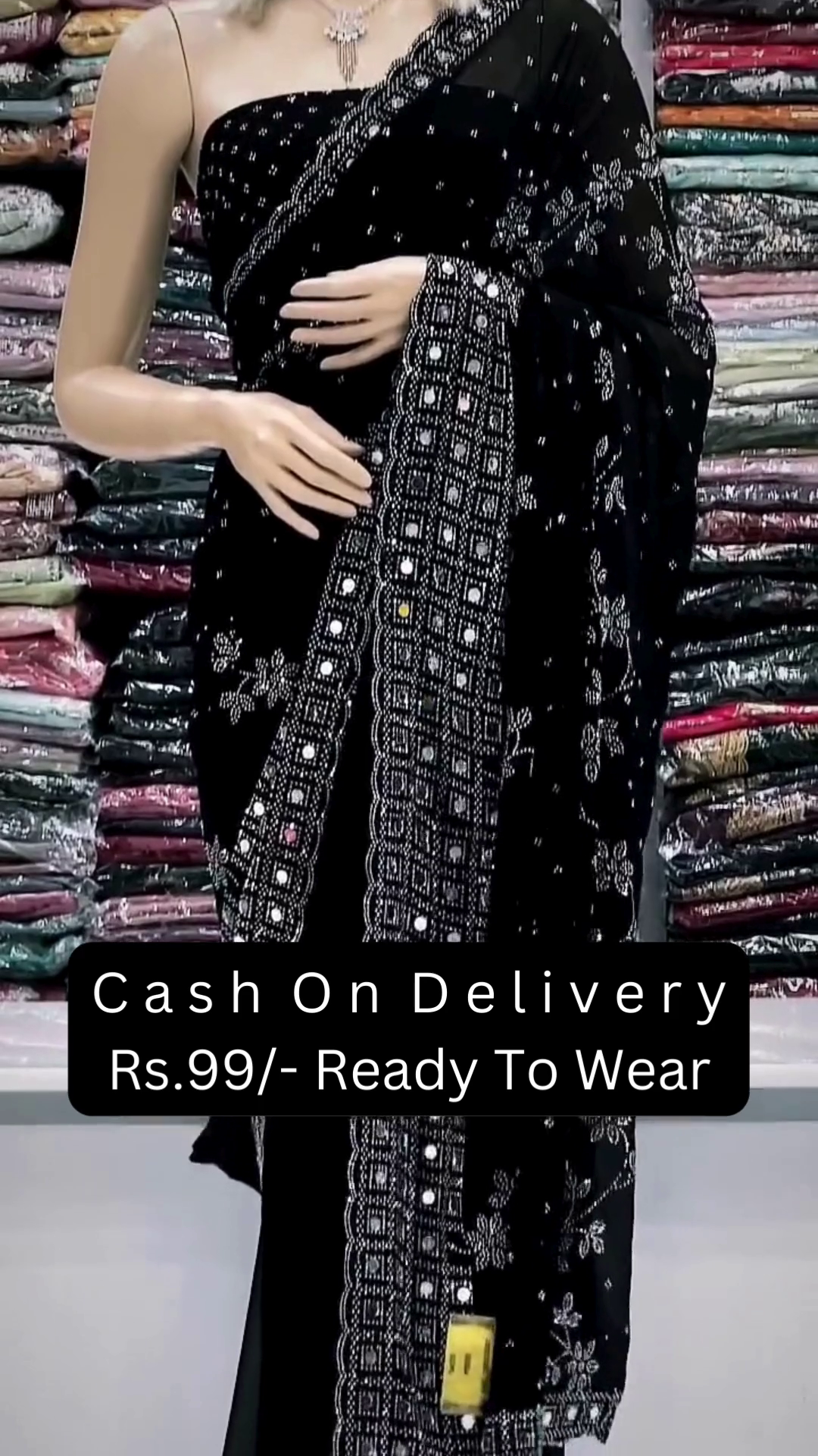 Midnight Mirror-Work Elegance – Ready-to-Wear Black Saree