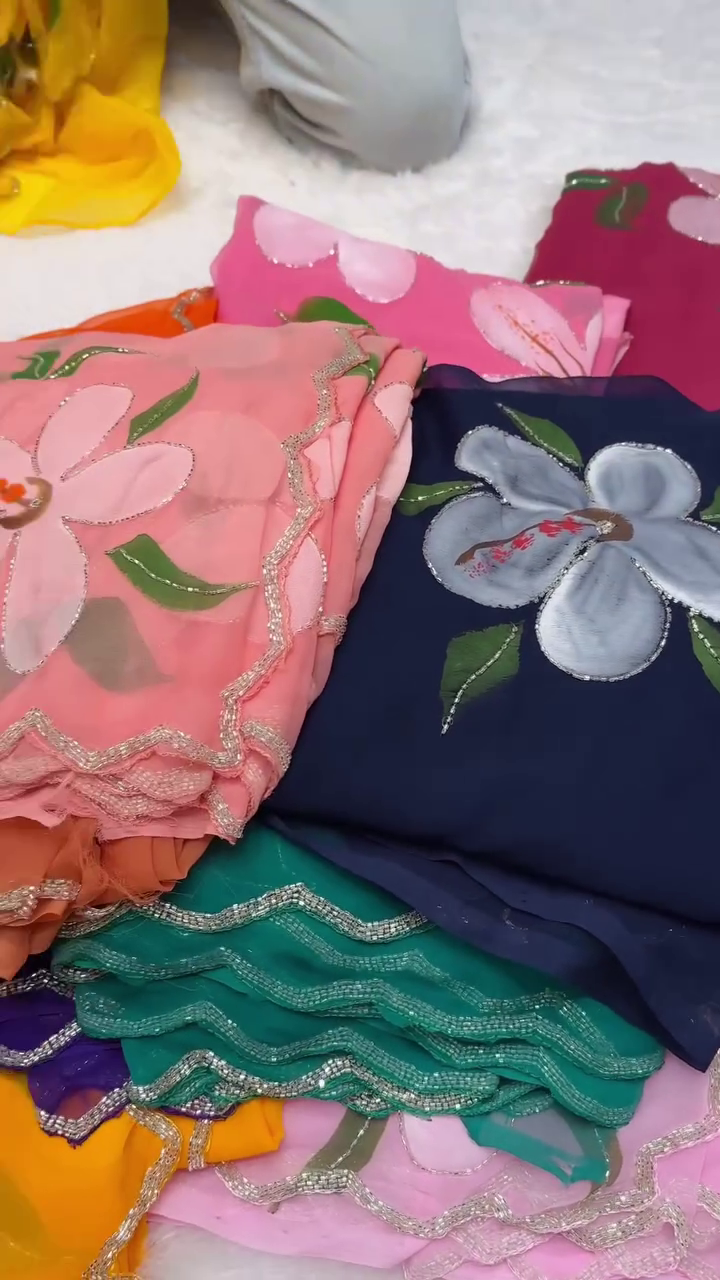 🌸 Blooming Grace Hand-Painted Chiffon Saree Collection 🌸