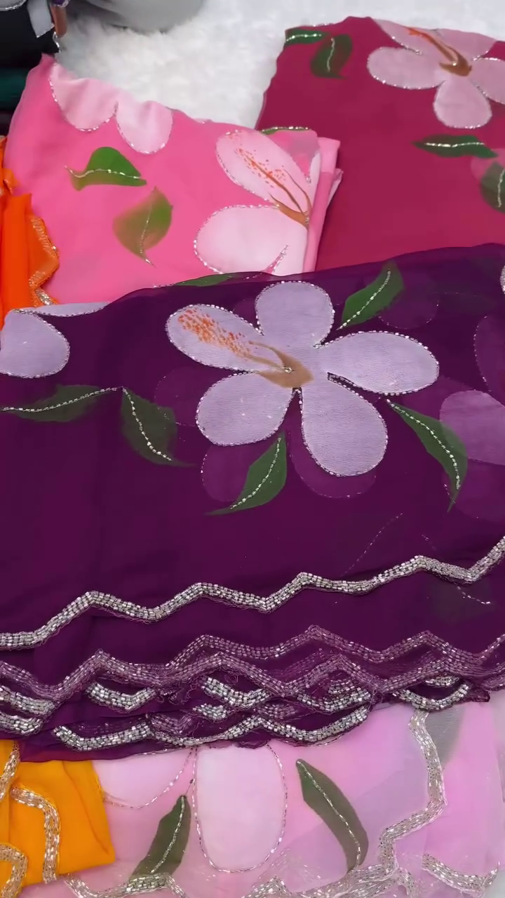 🌸 Blooming Grace Hand-Painted Chiffon Saree Collection 🌸