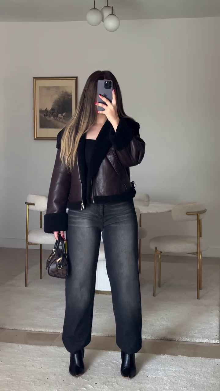 🖤 Urban Luxe Shearling Jacket – Winter Power Look