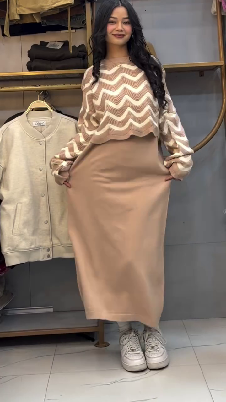 🖤🤍 Chic Zigzag Knit Sweater Dress Set – Cozy Layers, Endless Style 🤍🖤