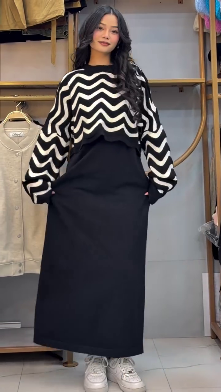 🖤🤍 Chic Zigzag Knit Sweater Dress Set – Cozy Layers, Endless Style 🤍🖤