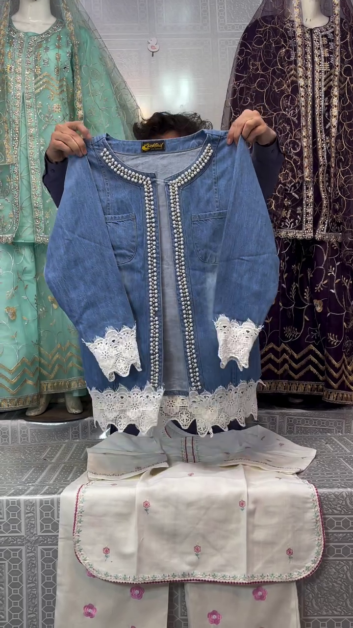 🤍✨ Elegant Fusion Denim & Cotton Kurti–Pant Set – Modern Grace with Ethnic Soul