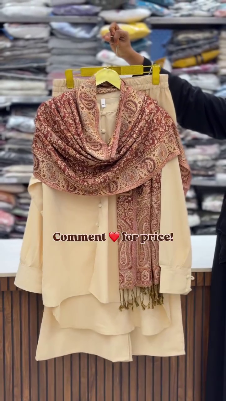 Elegant Beige Kurta Set with Printed Shawl | Timeless Winter Ethnic Wear