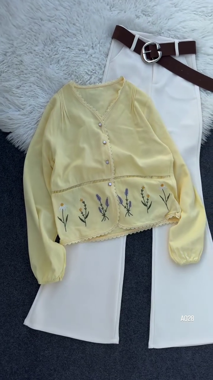 Mint Blossom Embroidered Sheer Top with Ivory Straight Pants