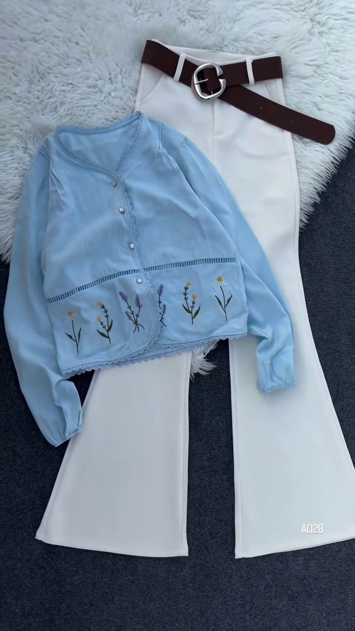 Mint Blossom Embroidered Sheer Top with Ivory Straight Pants