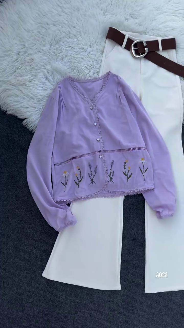 Mint Blossom Embroidered Sheer Top with Ivory Straight Pants