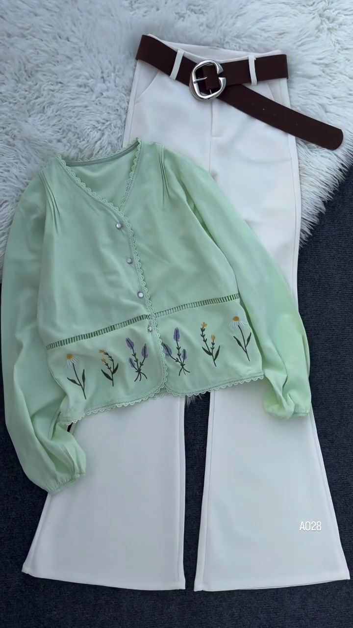 Mint Blossom Embroidered Sheer Top with Ivory Straight Pants