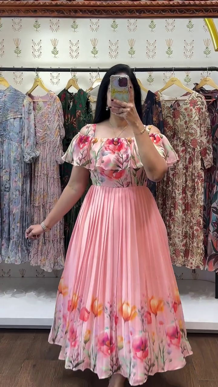 Blush Garden Off-Shoulder Floral Pleated Maxi Dress