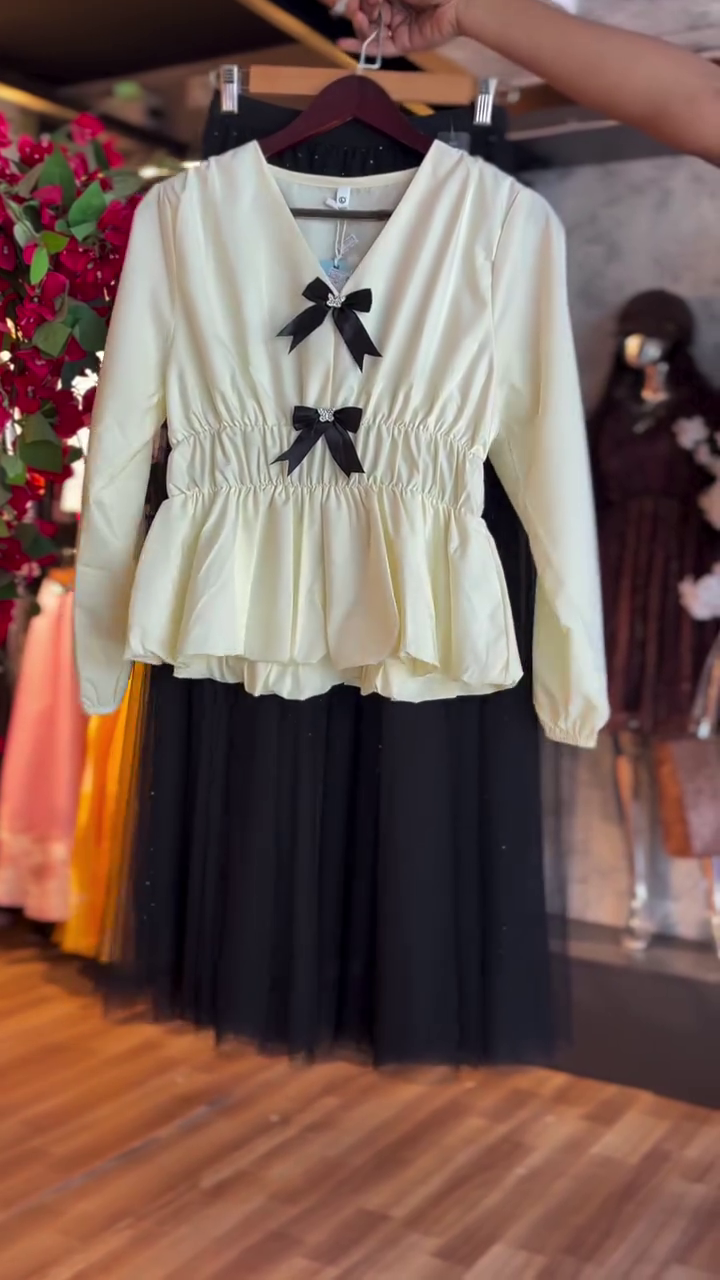 Midnight Sparkle Pleated Maxi Skirt With Ivory Grace Bow-Detail Peplum Top