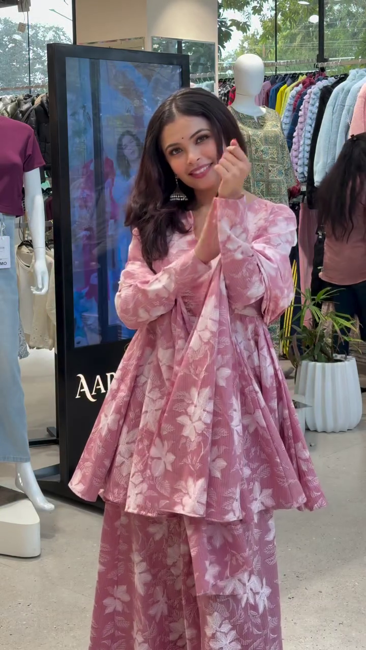 Rosé Bloom Floral Kurta Palazzo Set with Dupatta