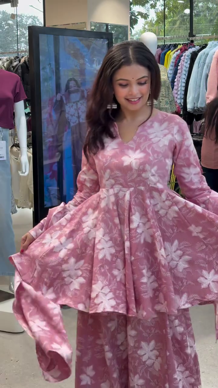 Rosé Bloom Floral Kurta Palazzo Set with Dupatta