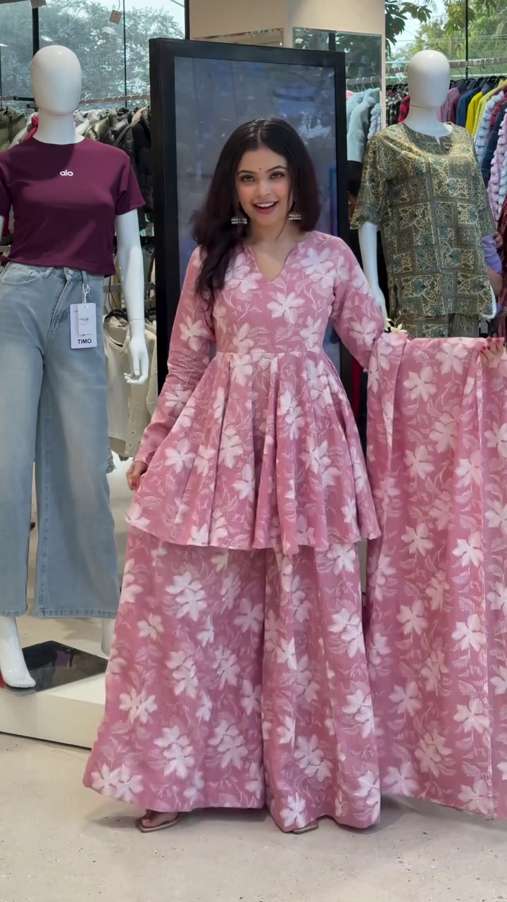 Rosé Bloom Floral Kurta Palazzo Set with Dupatta