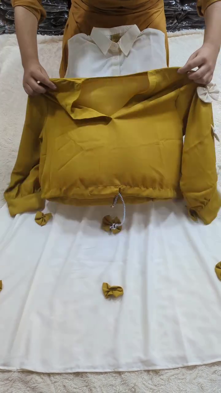 🌼 Mustard Charm Two-Piece Co-Ord Set – Bow Appliqué Top & Flowing White Skirt