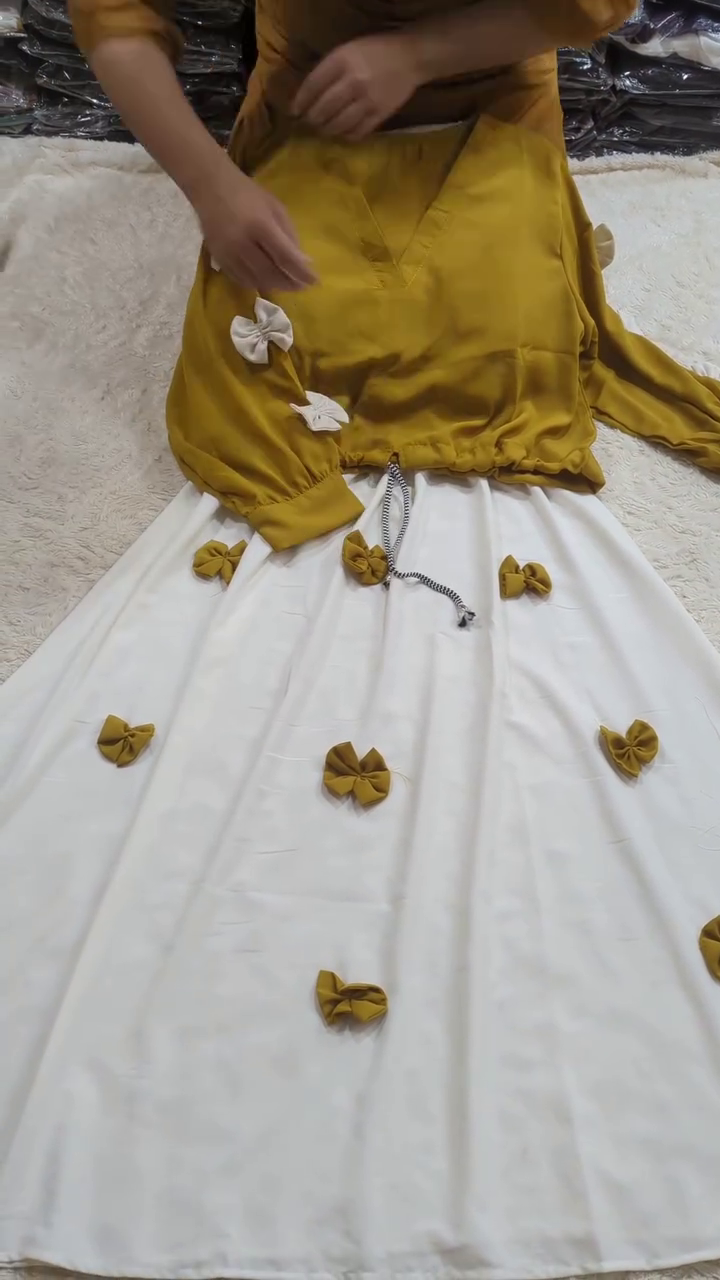 🌼 Mustard Charm Two-Piece Co-Ord Set – Bow Appliqué Top & Flowing White Skirt