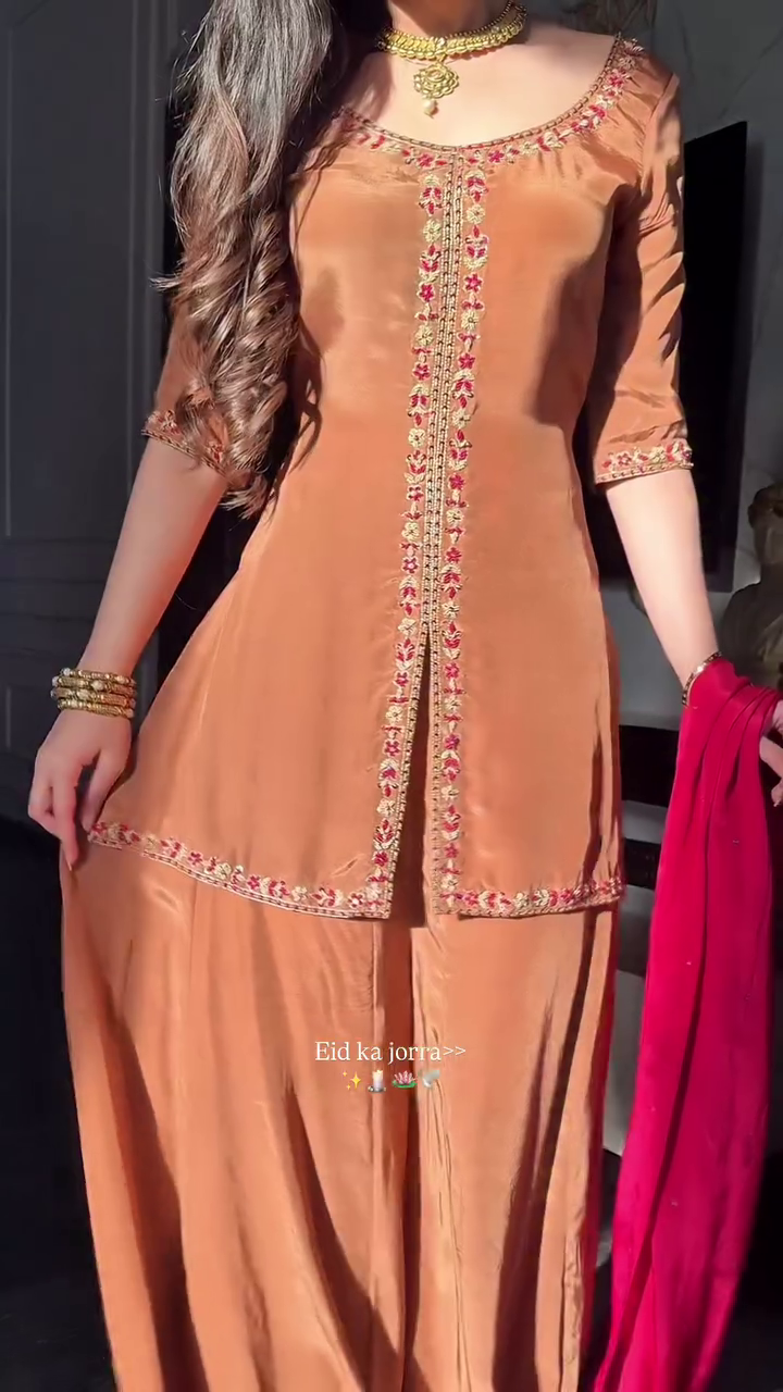 🤎 Zafran Grace Embroidered Kurta Palazzo Set with Dupatta – Elegant Festive & Eid Wear