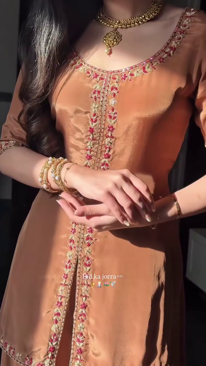 🤎 Zafran Grace Embroidered Kurta Palazzo Set with Dupatta – Elegant Festive & Eid Wear