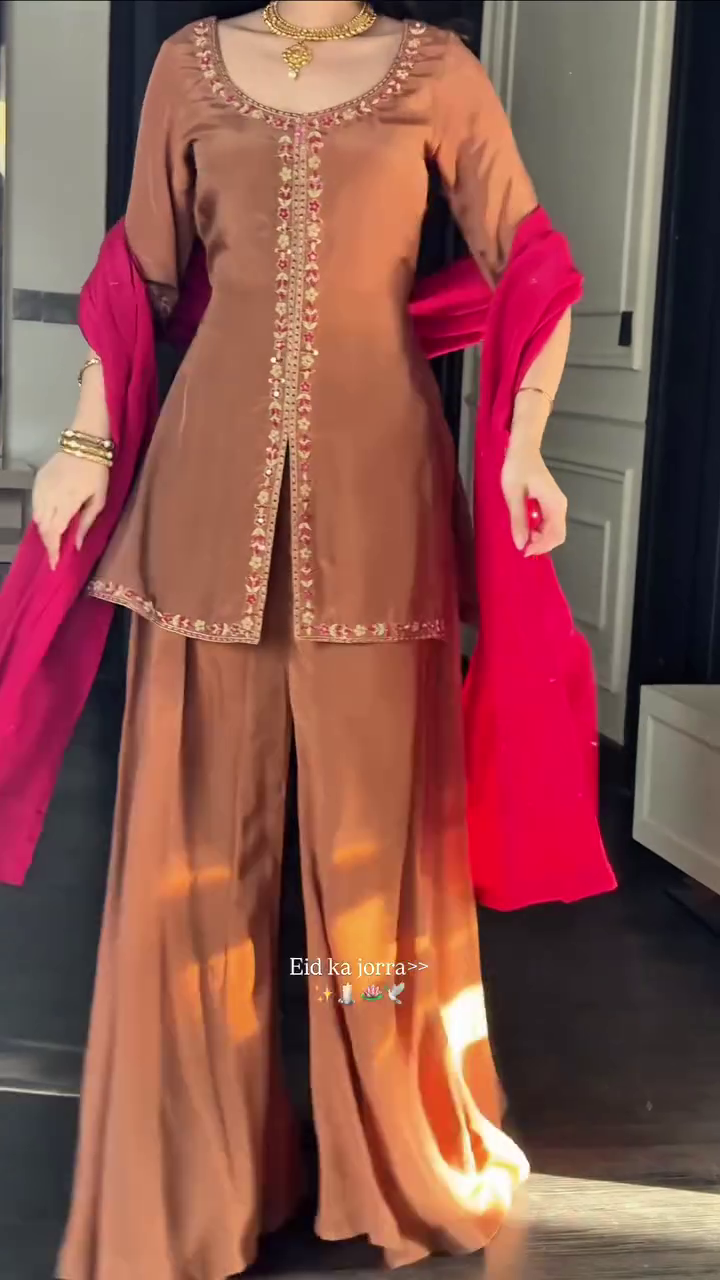 🤎 Zafran Grace Embroidered Kurta Palazzo Set with Dupatta – Elegant Festive & Eid Wear