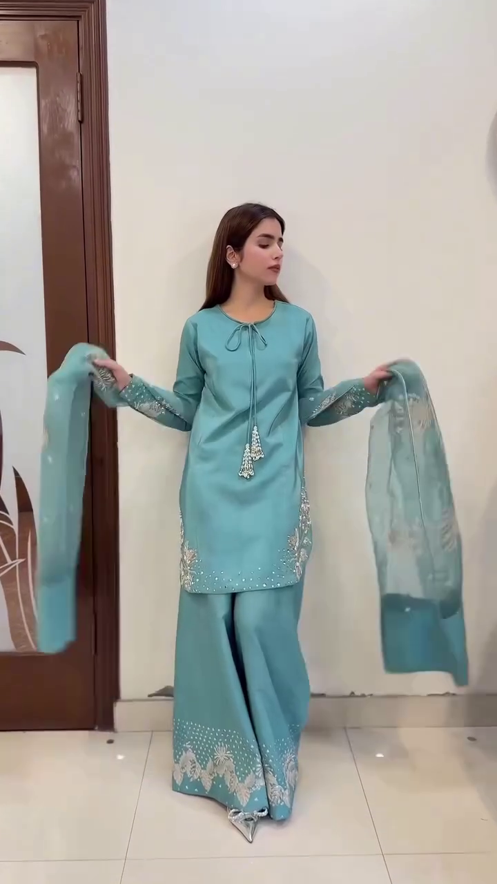 Teal Kurta Palazzo Set with Embroidered Dupatta – Graceful Festive Elegance