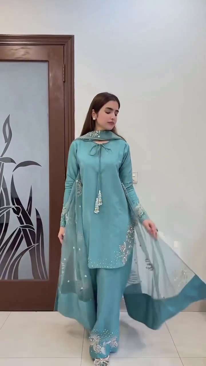Teal Kurta Palazzo Set with Embroidered Dupatta – Graceful Festive Elegance