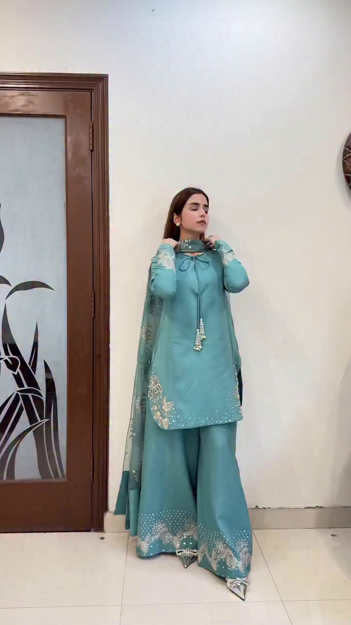 Teal Kurta Palazzo Set with Embroidered Dupatta – Graceful Festive Elegance