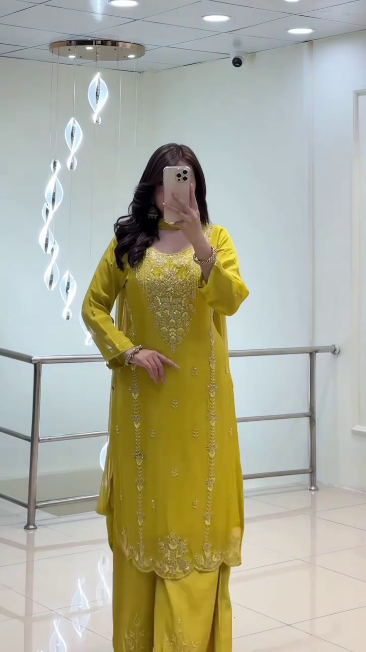 Mustard Embroidered Kurta Palazzo Set with Dupatta