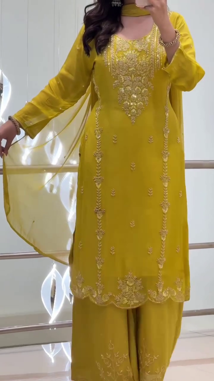Mustard Embroidered Kurta Palazzo Set with Dupatta