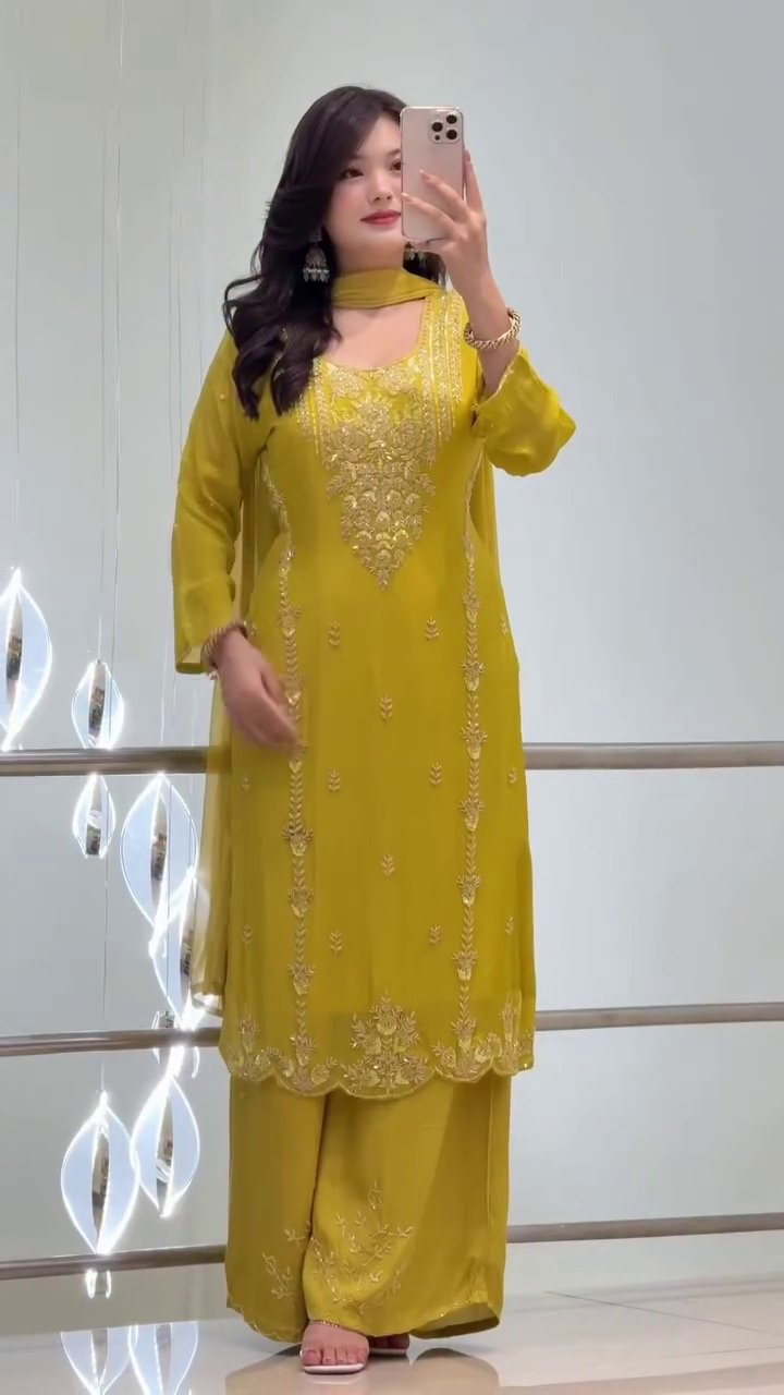 Mustard Embroidered Kurta Palazzo Set with Dupatta