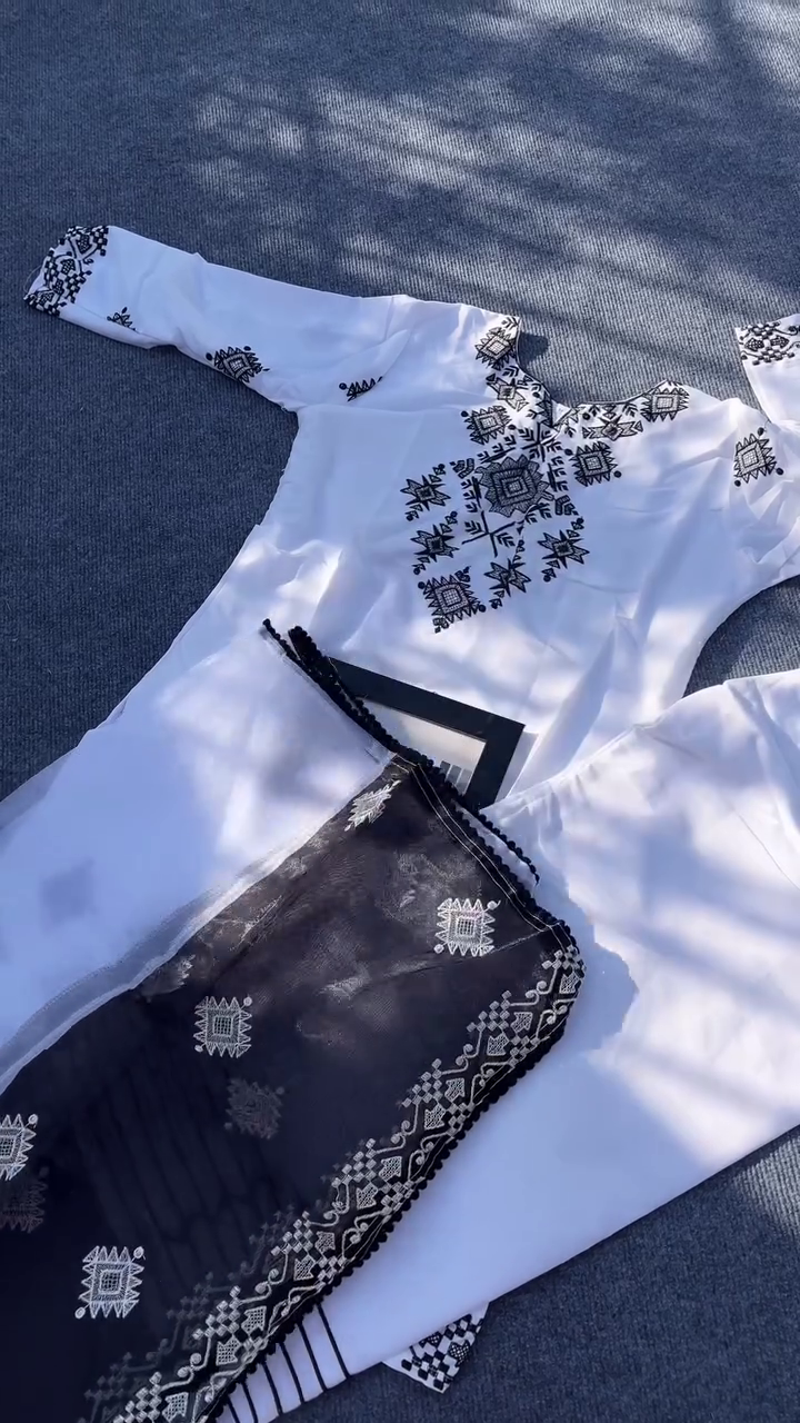 Embroidered Cotton Kurta Set with Contrast Dupatta