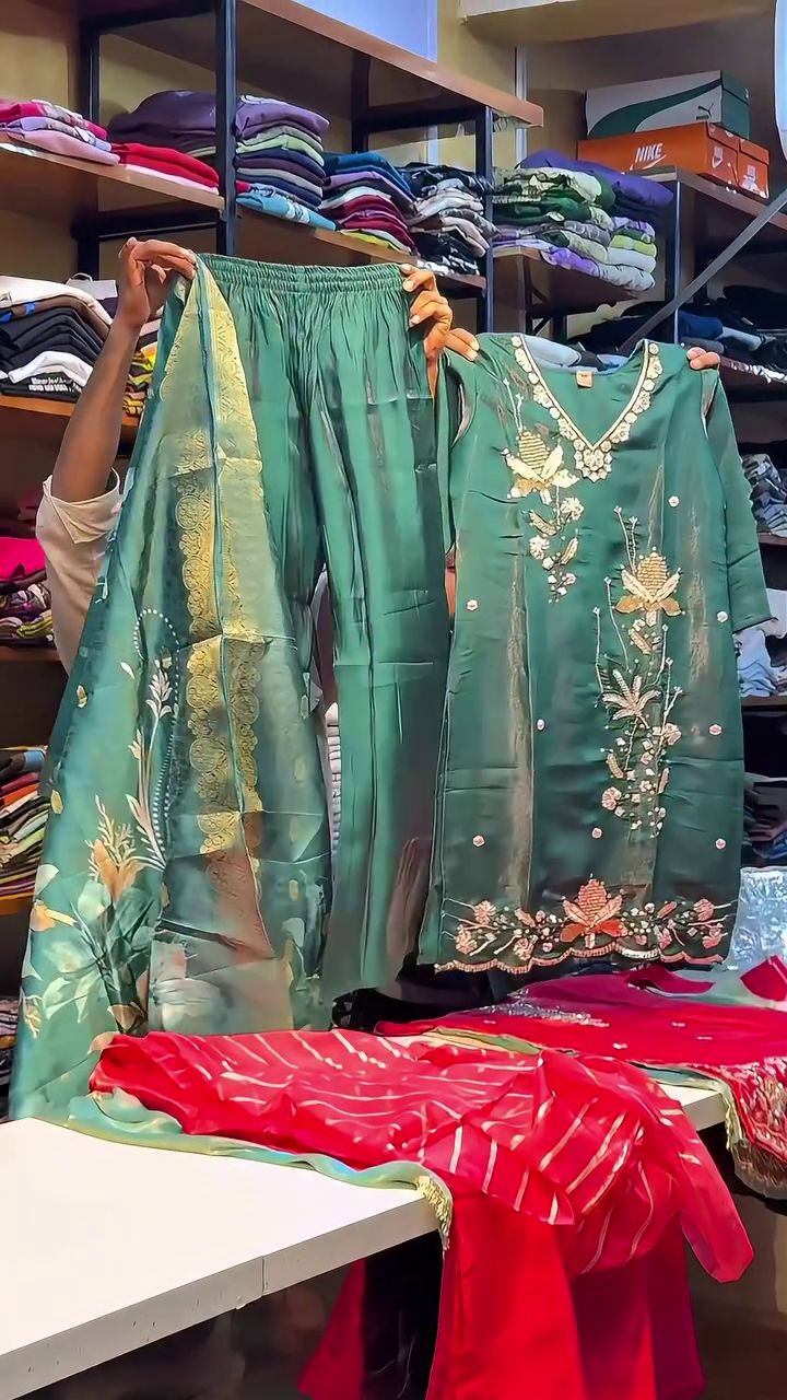 Emerald Grace Floral Embroidered Kurta Set with Dupatta 🌿