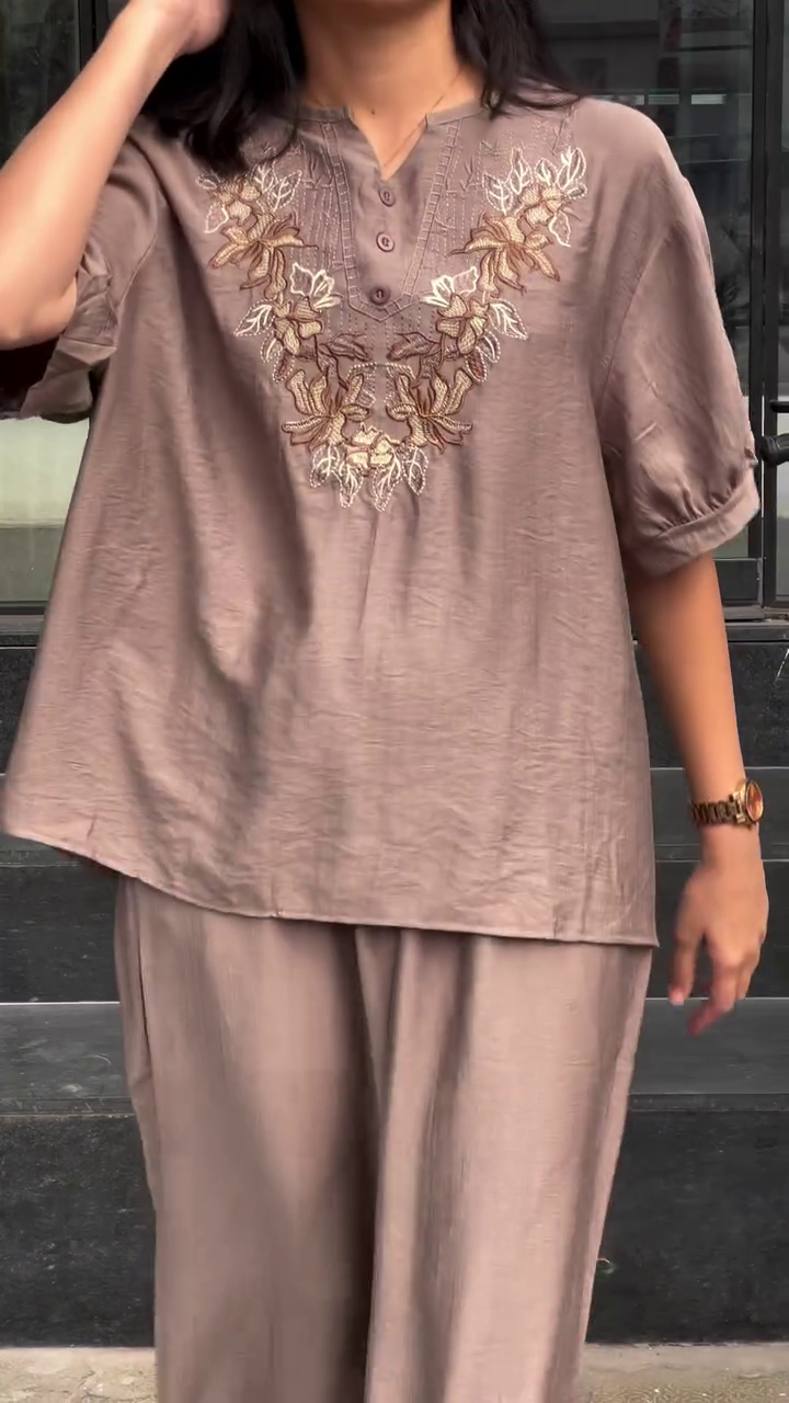 🌿 Olive Grace Embroidered Co-Ord Set for Women – Effortless Elegance, Everyday Comfort