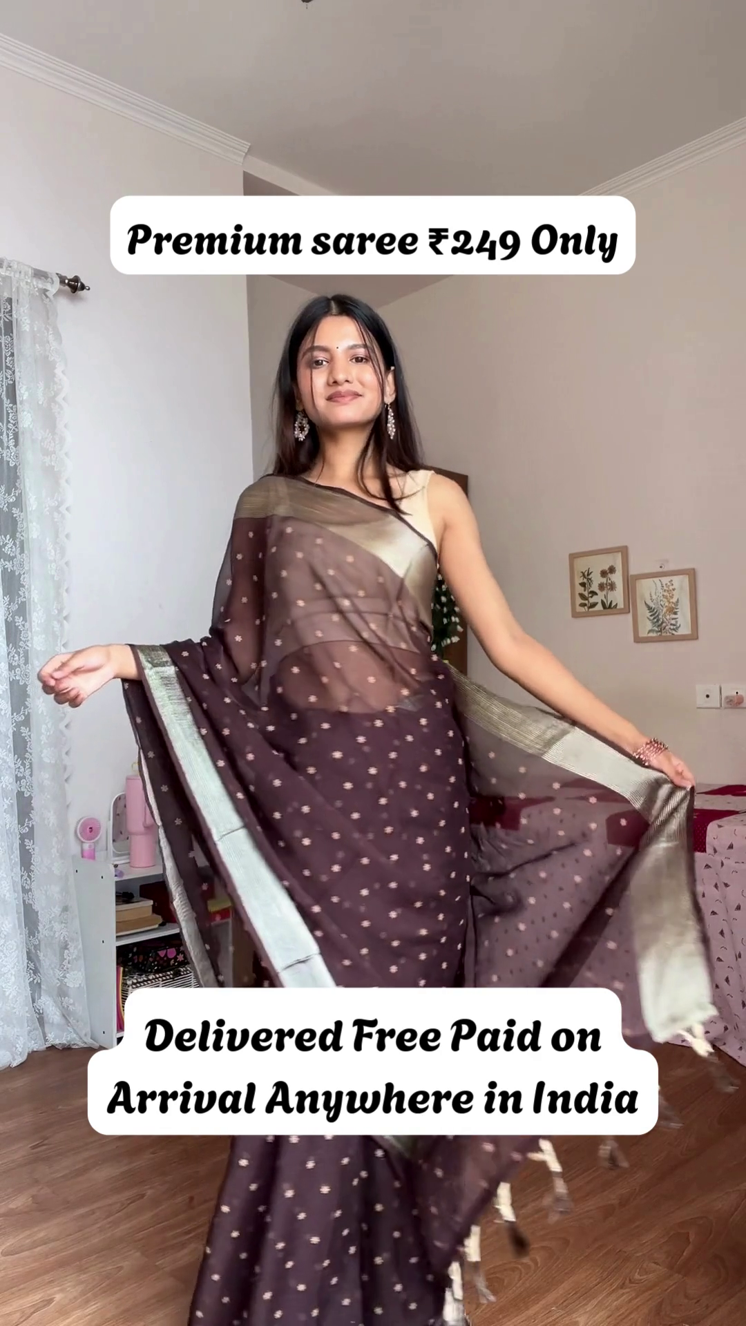 Elegant Dotted Brown Saree with Metallic Border