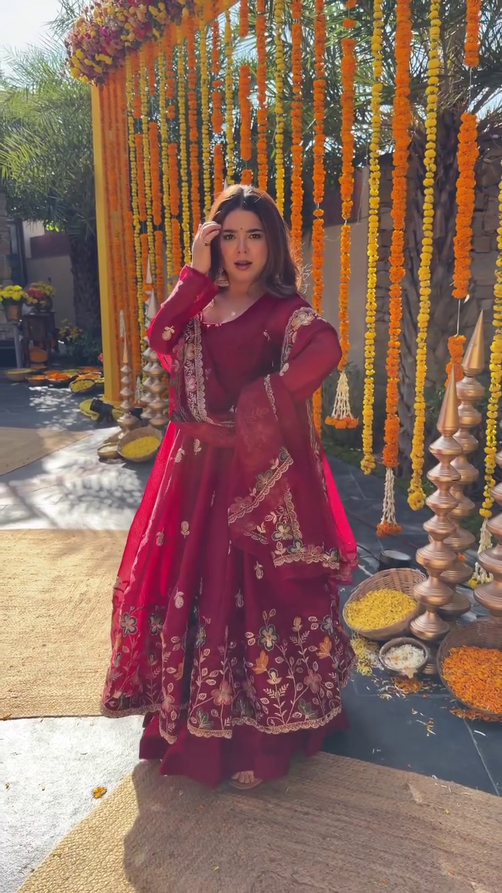 Royal Ruby Embroidered Anarkali Set with Floral Heritage Detailing