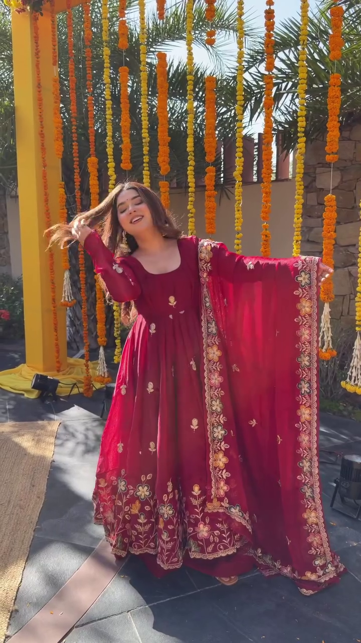 Royal Ruby Embroidered Anarkali Set with Floral Heritage Detailing