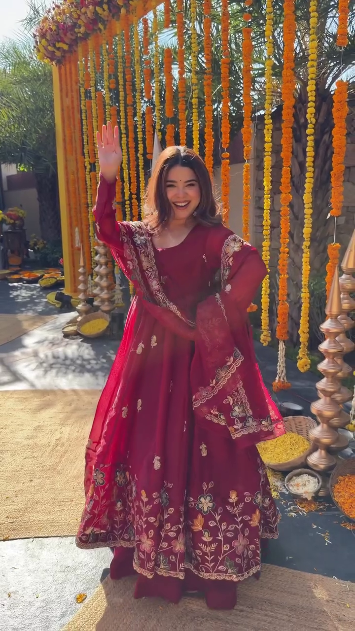 Royal Ruby Embroidered Anarkali Set with Floral Heritage Detailing