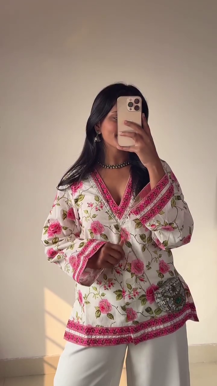 Blush Bloom Floral Kurta Set with Handcrafted Pink Borders