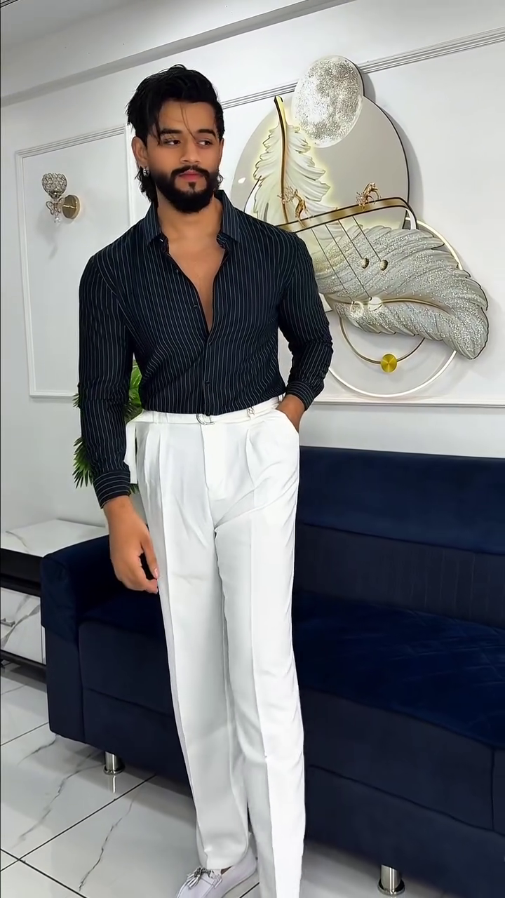 Midnight Pinstripe Shirt with Classic Ivory Tailored Trousers