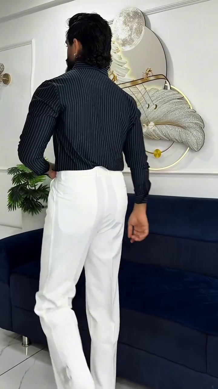 Midnight Pinstripe Shirt with Classic Ivory Tailored Trousers