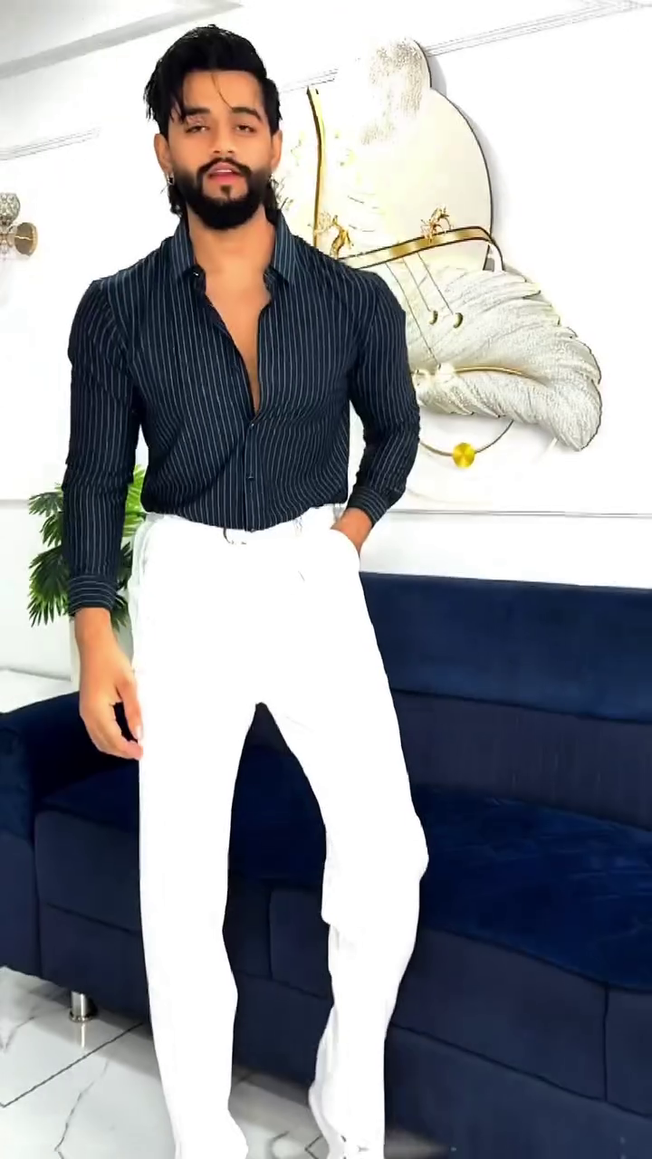 Midnight Pinstripe Shirt with Classic Ivory Tailored Trousers