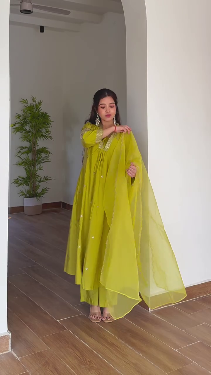 Earthy Mocha Embroidered Kurta Set with Sheer Dupatta