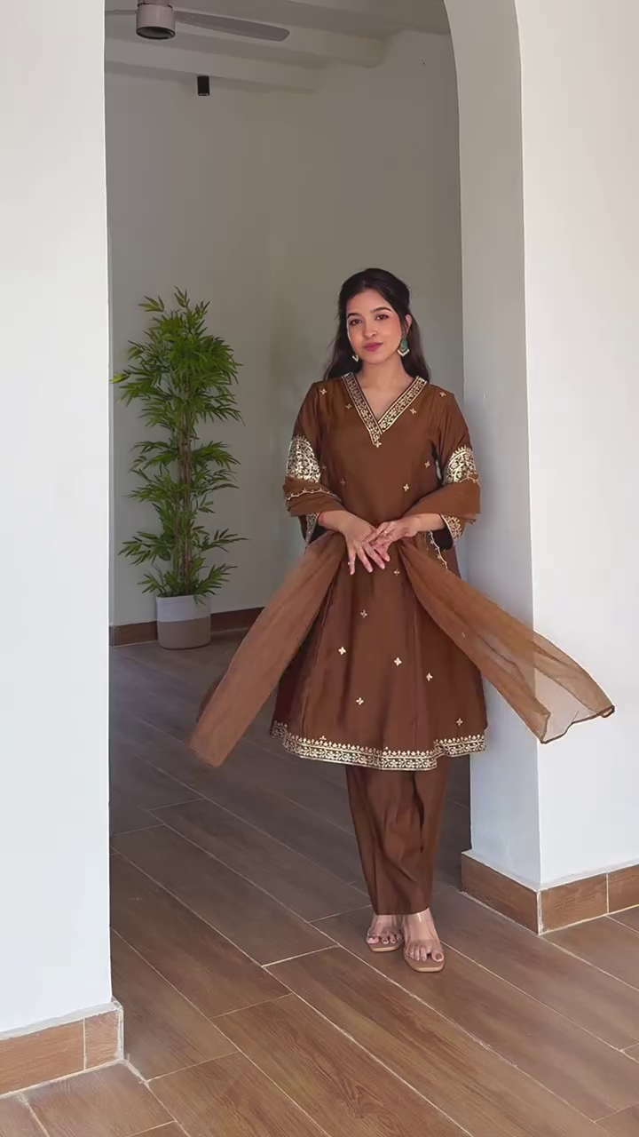 Earthy Mocha Embroidered Kurta Set with Sheer Dupatta