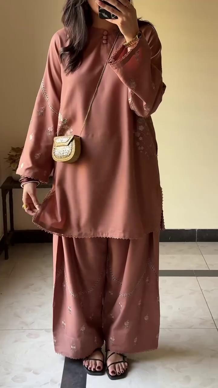 Dusty Rose Embroidered Co-Ord Set with Statement Sleeves