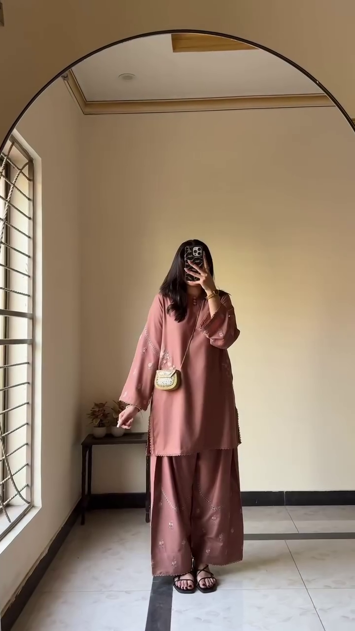 Dusty Rose Embroidered Co-Ord Set with Statement Sleeves