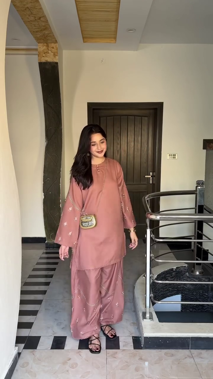 Dusty Rose Embroidered Co-Ord Set with Statement Sleeves