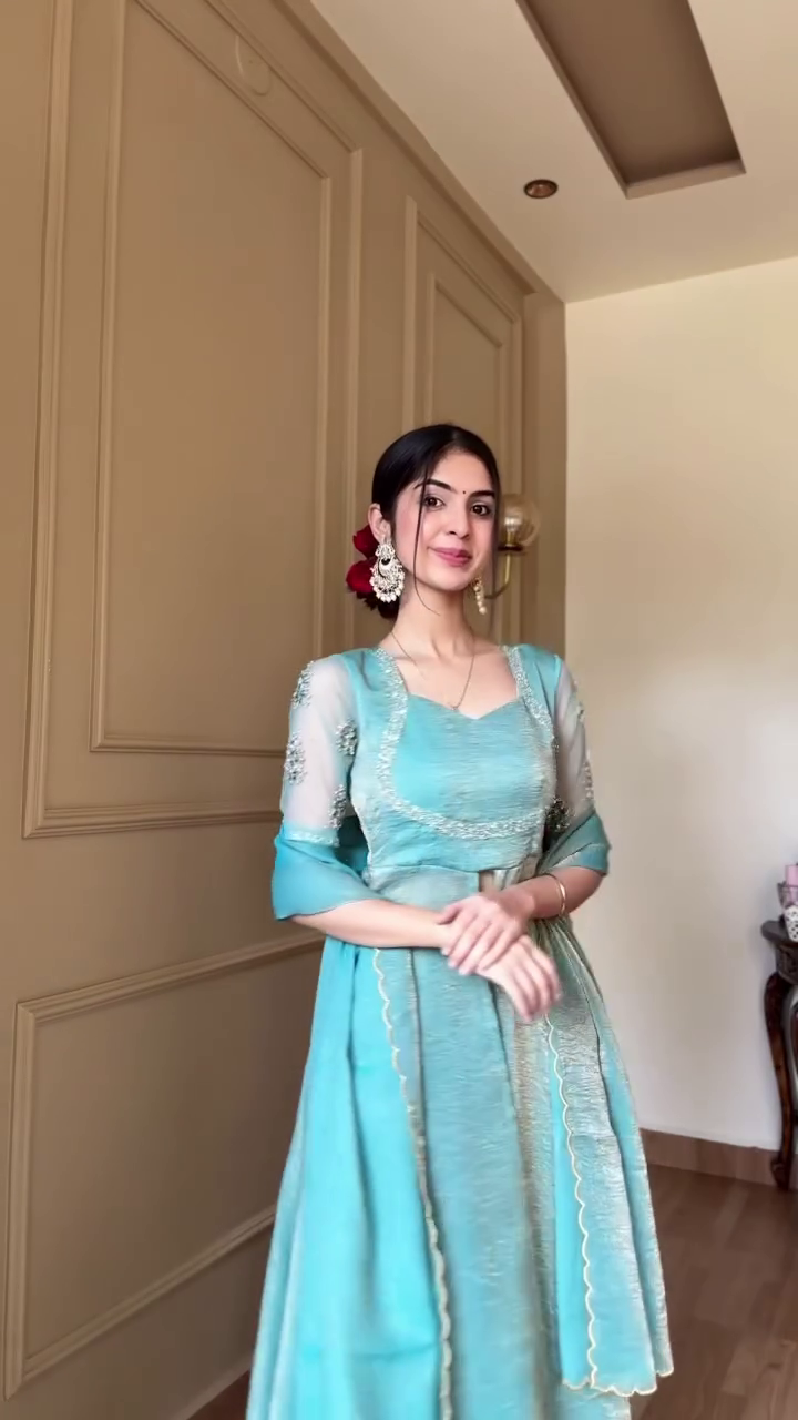 Serene Aqua Embroidered Anarkali with Sheer Statement Sleeves