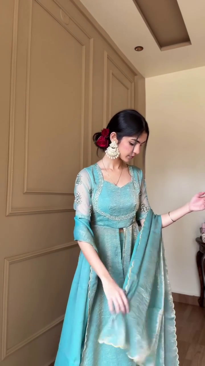 Serene Aqua Embroidered Anarkali with Sheer Statement Sleeves