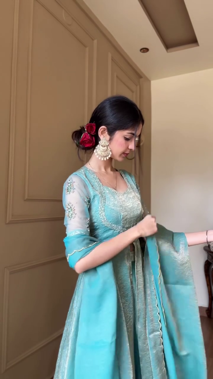 Serene Aqua Embroidered Anarkali with Sheer Statement Sleeves