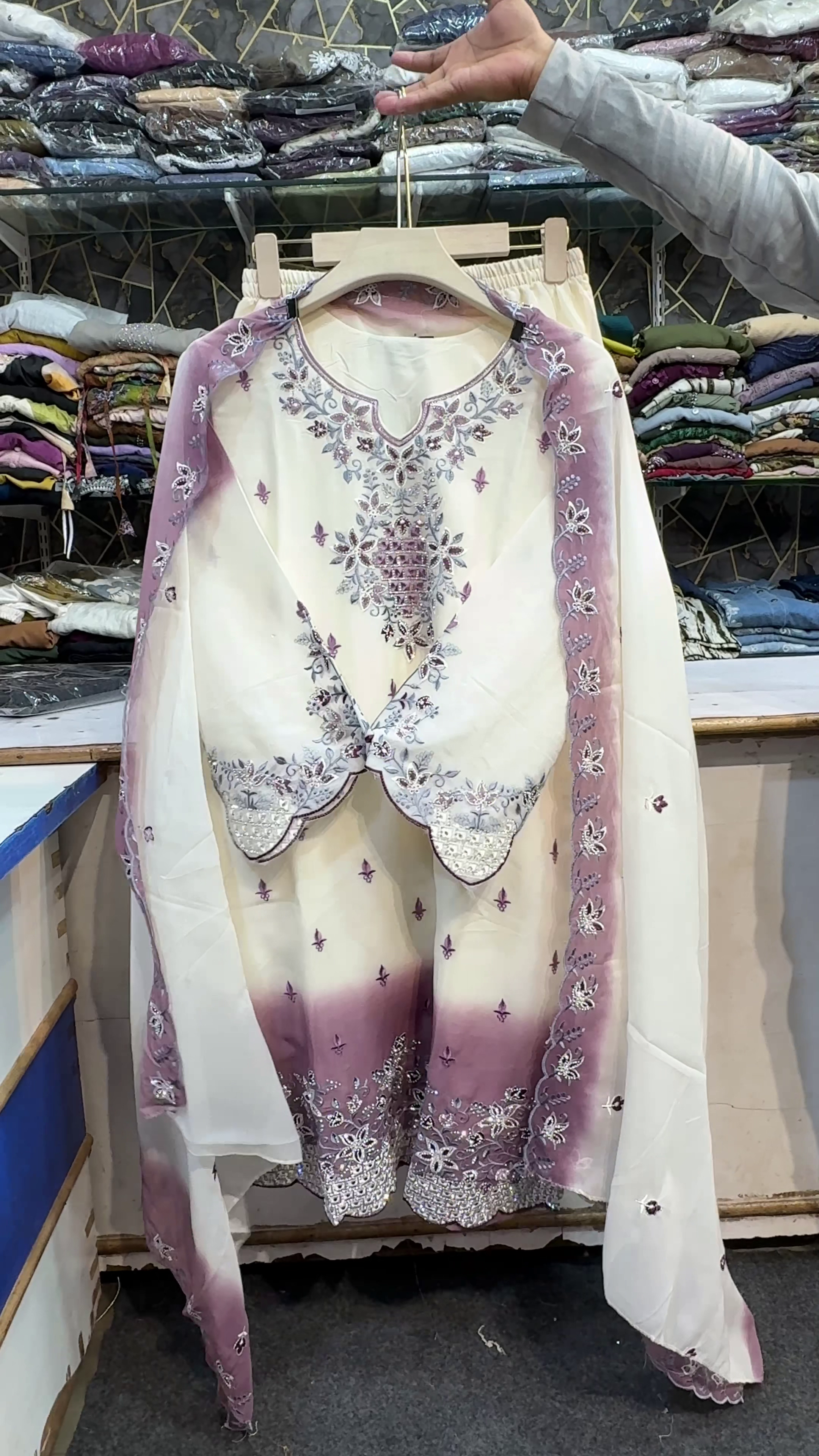 Elegant Mint & Ivory Embroidered 3-Piece Festive Suit with Sheer Dupatta